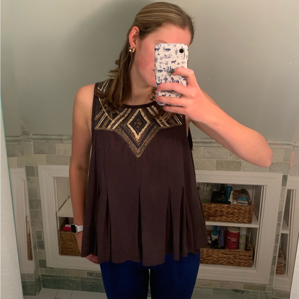 Black with Gold Embroidery Free People Top